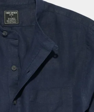Cheap Todd Snyder Sea Soft Linen Band Collar Long Sleeve Shirt in Navy Blue